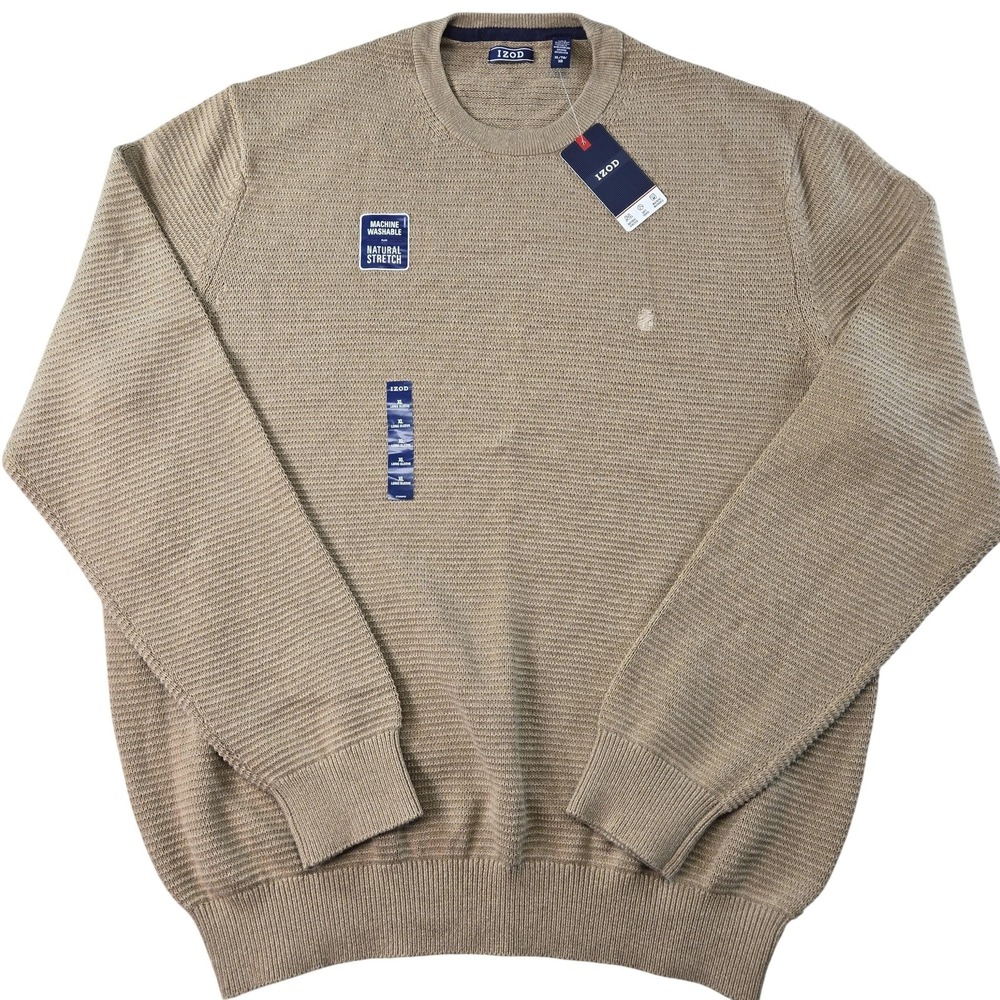 IZOD Sweater Mens XL Beige Crew Neck Pullover Tight-Knit Cotton Machine Washable
